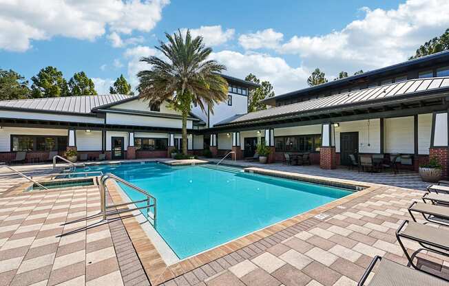 a swimming pool at a hotel with a palm tree