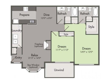 2 beds, 2 baths, 1,266 sqft, $1,773