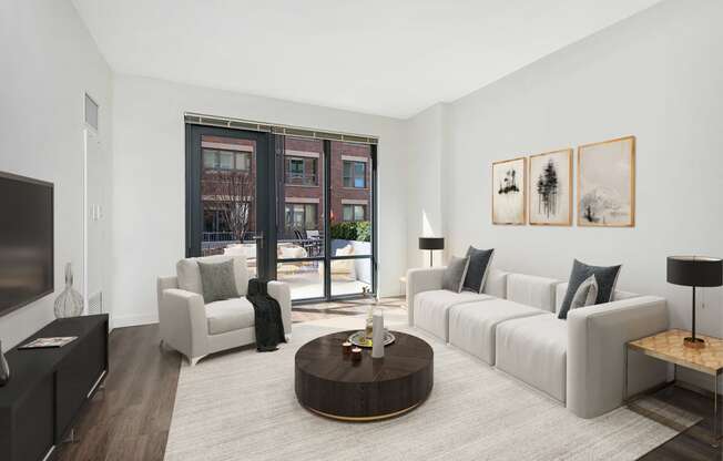 Living Room With Expansive Window at The Madison at Racine, Chicago, Illinois