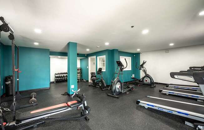 A gym with a variety of exercise equipment including treadmills, rowing machines, and weights.