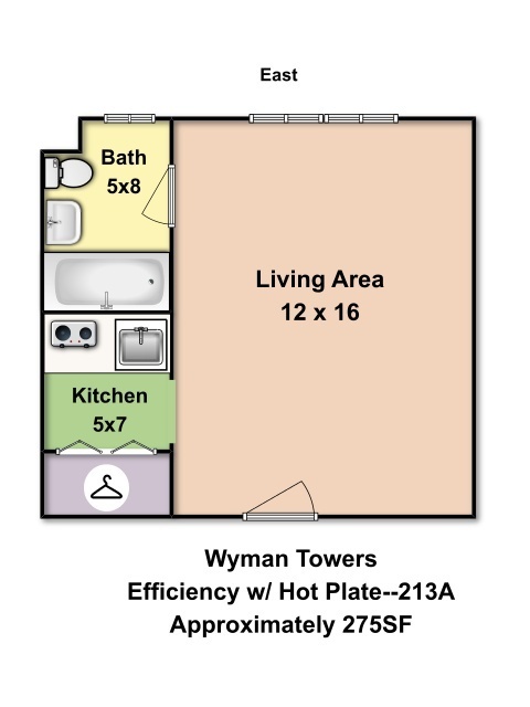 Studio, 1 bath, 275 sqft, $950, Unit 213A