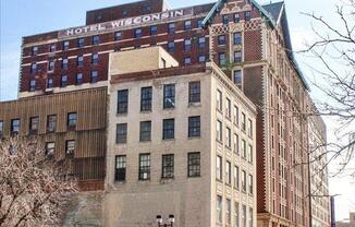 A large building with the words