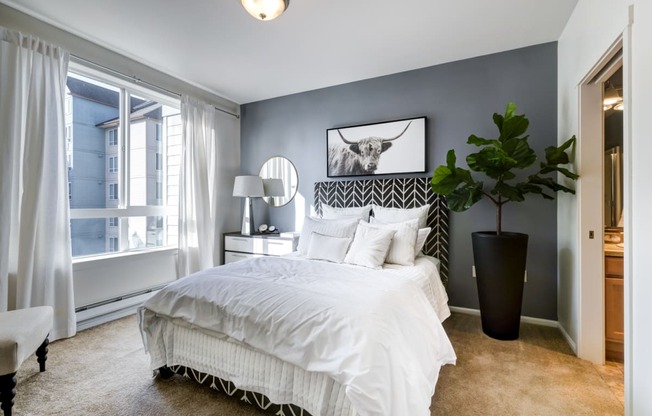 a bedroom with a large bed and a large window