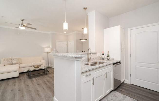 a kitchen and living room with a counter top