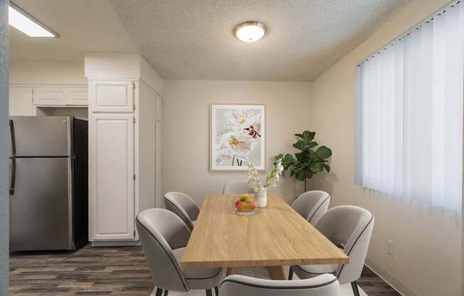 A dining room with a wooden table and chairs.
