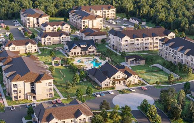 Huntsville, AL Luxury Apartments - Paxton Place - Building Exterior, Landscaped Grounds, and Pool From Bird's Eye View