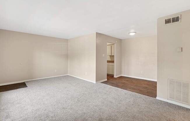 A room with a carpeted floor and a doorway leading to another room.