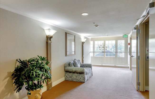 A well lit hallway with a couch and a potted plant.