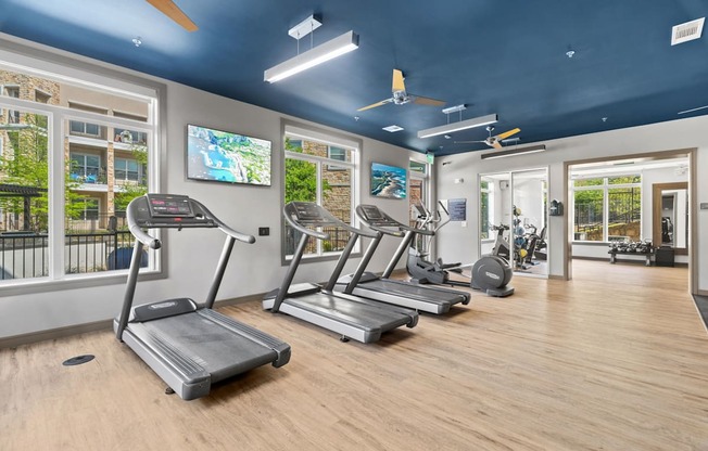 A gym with treadmills and exercise equipment.