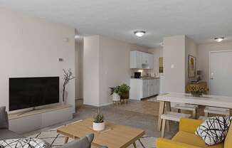 a living room with white walls and a large flat screen tv on the wall