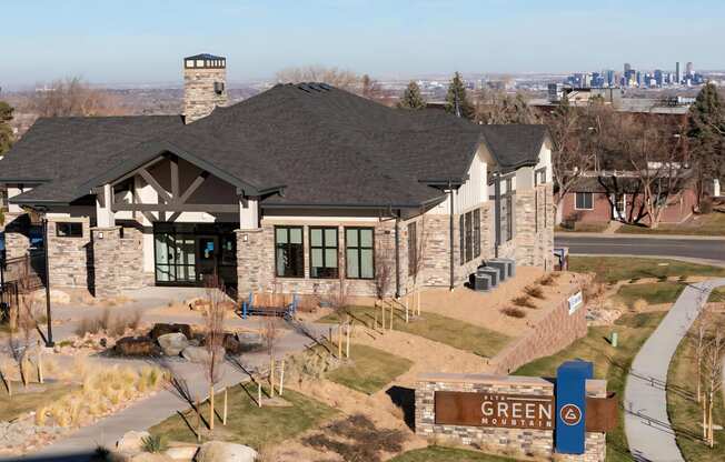 Clubhouse Exterior with Denver Skyline