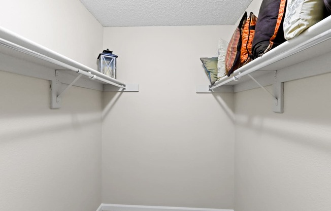a walk in closet with two shelves and a lantern