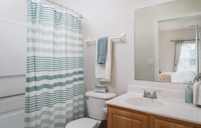 a bathroom with a white sink and toilet next to a shower curtain with a blue and white