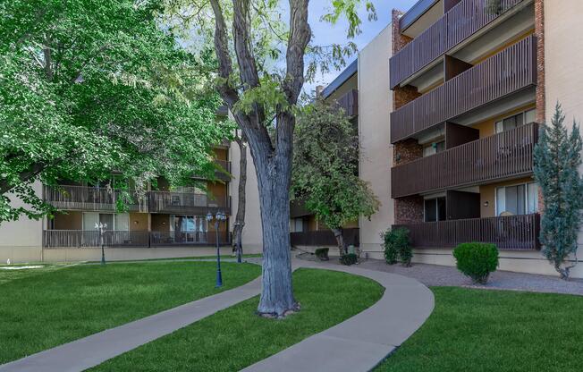 community buildings with green bushes