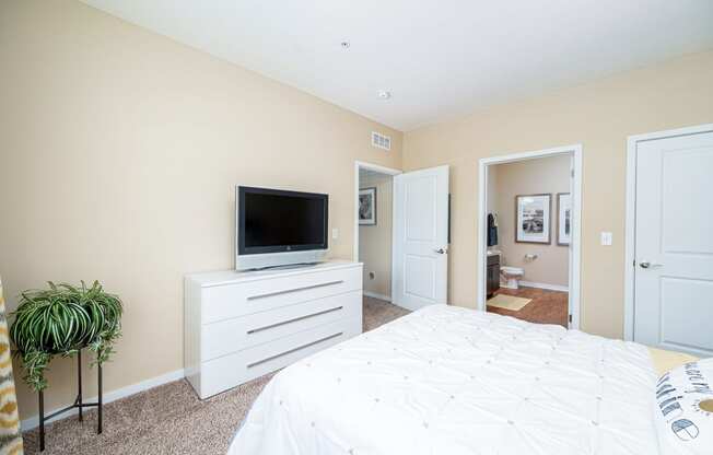 a bedroom with a bed and a television