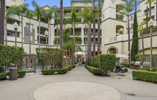 A courtyard surrounded by palm trees and buildings.