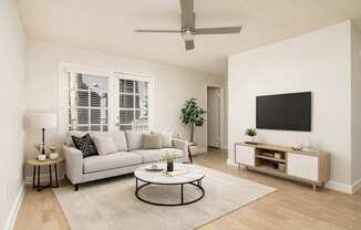A living room with a white couch, a coffee table, a TV, and a plant.