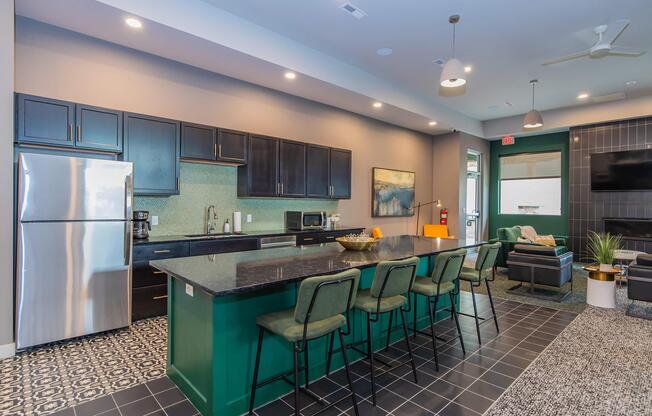 a kitchen with a blue chair