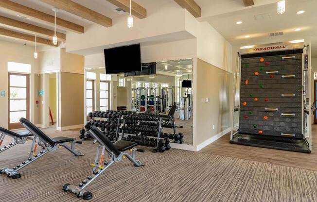 a spacious fitness center with cardio equipment and a large screen tv  at Palm Bay Club, Florida