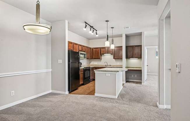 A kitchen with a black refrigerator and wooden cabinets.