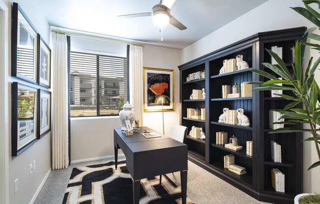 home office with desk and bookshelf