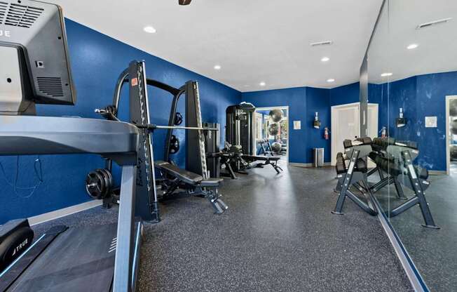 A gym with a treadmill, weights, and exercise machines.