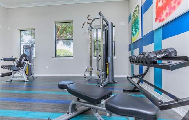 the gym at the district flats apartments in lenexa