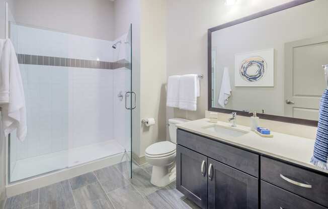 a bathroom with a shower and a sink and a mirror