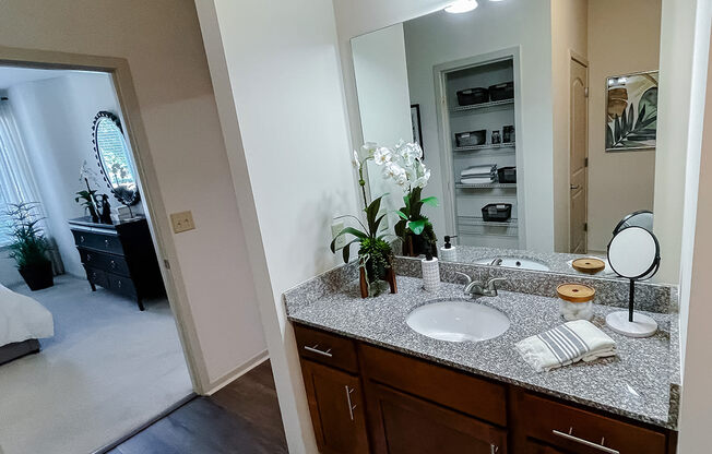 Bathroom vanity and large mirror at Two Addison Place Apartments , Georgia, 31322