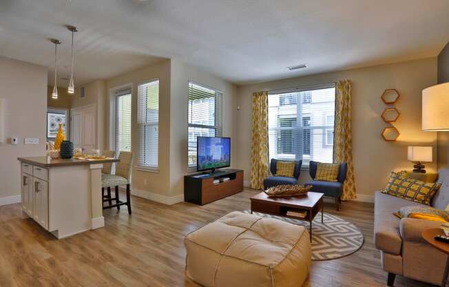 Spacious open concept living room with two large windows.