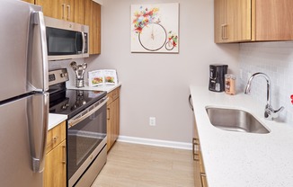 Newly Renovated Kitchen with Quartz Counter Tops, Stainless Steel Appliances and Wood-Style Flooring