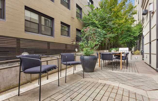 a patio with chairs and a table and a tree