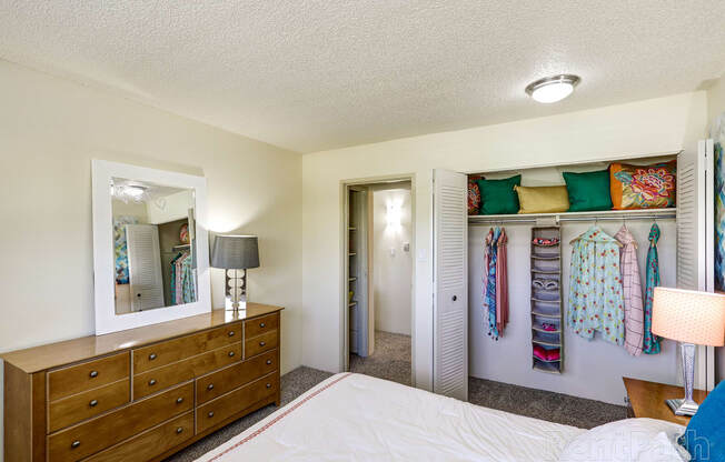 a bedroom with a bed and a dresser and a closet with ties