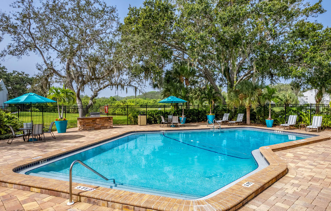 a resort style pool with chairs and umbrellas and trees