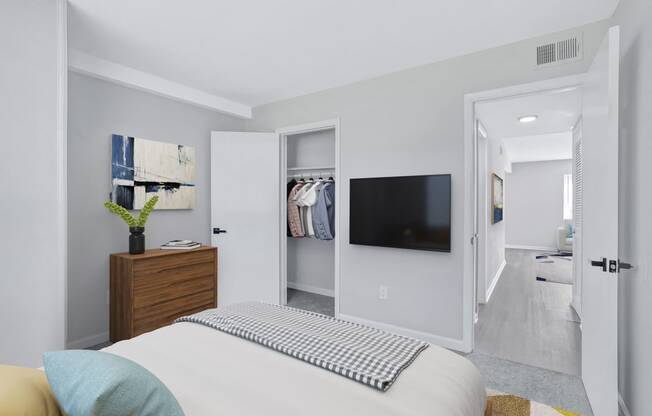 a bedroom with a large bed and a tv in a closet