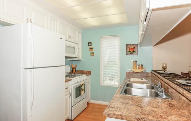 a kitchen with a stove sink and refrigerator