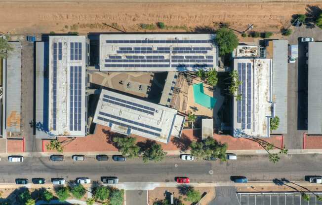 Aerial Exterior and parking at Radius Apartments in Phoenix AZ Nov 2020