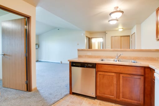 a kitchen with a sink and a dishwasher and a door to a living room