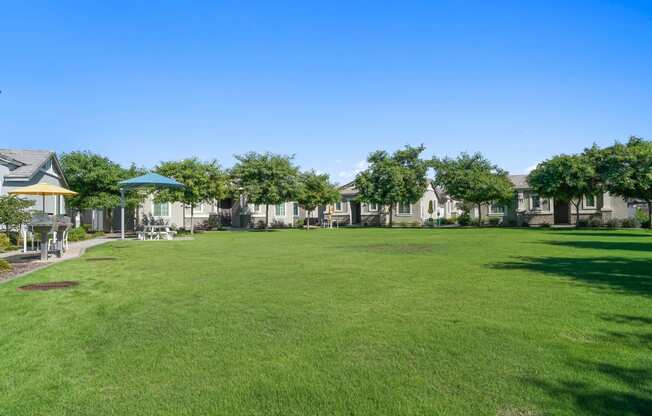 a large green lawn in front of a row of houses