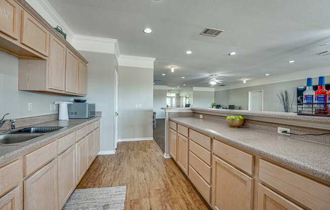 A kitchen with wooden cabinets and a countertop.