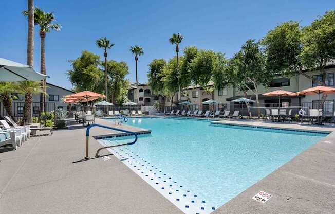 A pool surrounded by palm trees and lounge chairs.