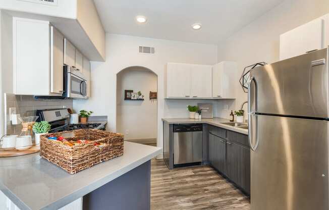 a kitchen with stainless steel appliances and a counter top with a basket at Mirasol Apartments, Las Vegas, NV 89119