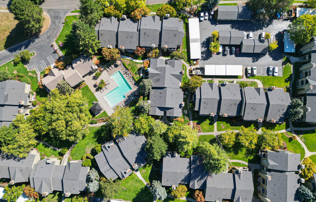 an aerial view of houses in a suburban neighborhood