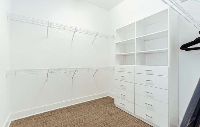 a walk in closet with white closets and shelves and at 20 Midtown, Birmingham, Alabama