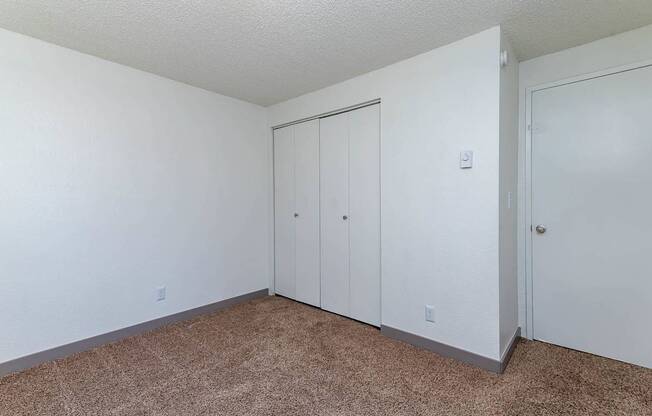 A room with two white doors and a carpeted floor.