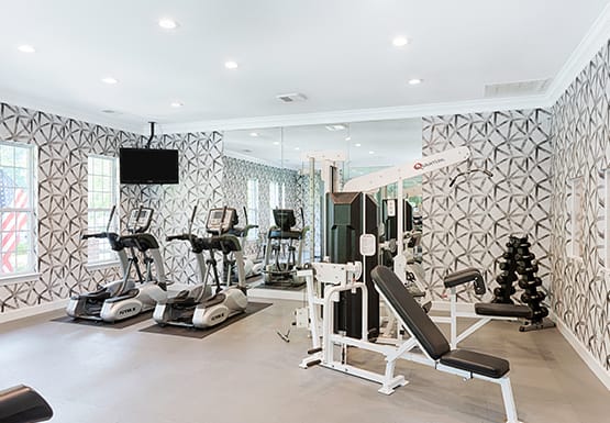 Fitness center; cardio equipment; flat screen TV; free weights