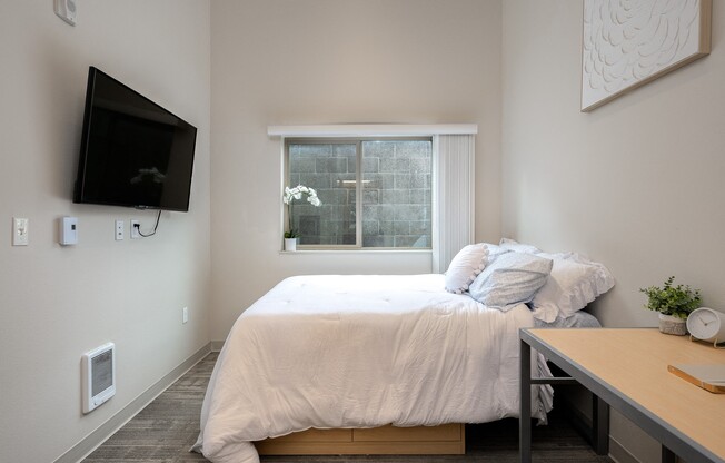 a bedroom with a bed and a tv in a small room