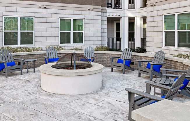 an outdoor patio with chairs and a fire pit