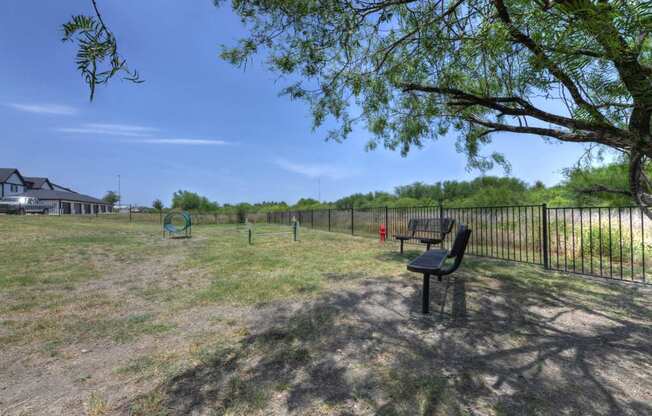 A park with a bench, a fence, and a tree.