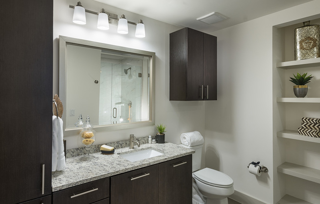 Bathroom with dark wood cabinets, a granite countertop, and open built-in shelves.